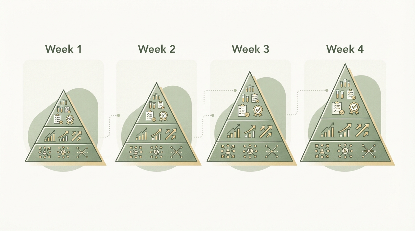four time blocks (Weeks 1–4) side by side, each showing a pyramid with test volume on top and scale below, the pyramids growing larger from week to week, test plan scaling