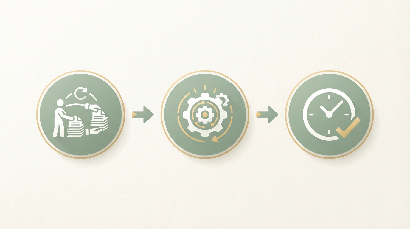 simple three-stage flow diagram showing a repetitive task icon, an automation gear icon, and a clock icon showing saved time, left to right
