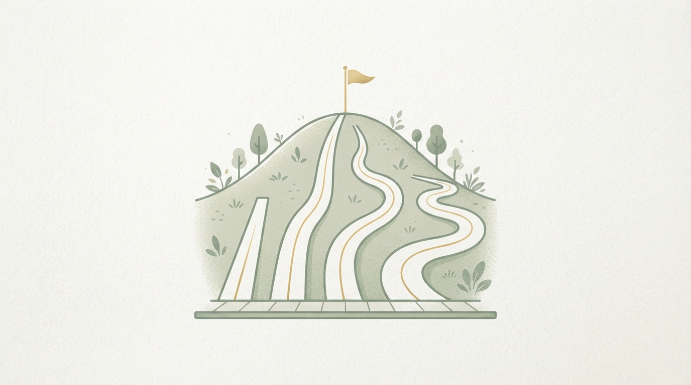 four paths of different length and steepness leading toward a small flag at the top, side by side, minimalist icon style, no text
