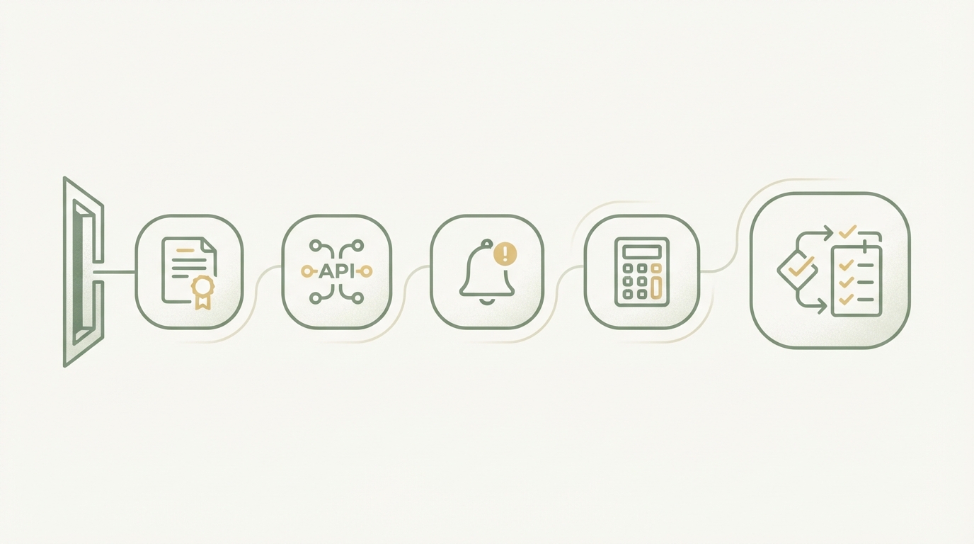 step-flow diagram with five icons left to right: a certificate/document icon, an API connector icon, a bell/alert icon, a calculator icon, and a workflow/checklist icon, labeled progression from narrow entry point to full platform