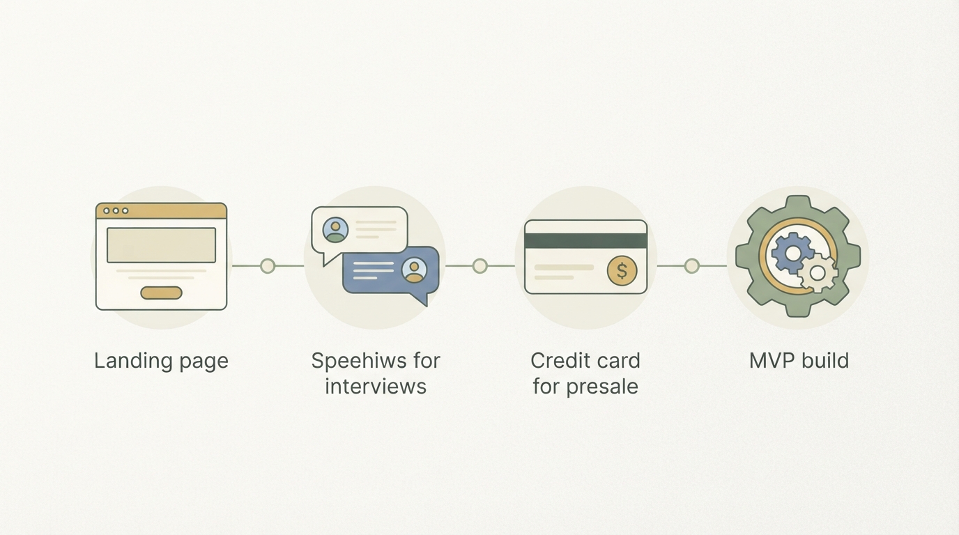eine horizontale Zeitleiste mit vier Etappen als Icons, Landingpage, Sprechblasen für Interviews, Kreditkarte für Vorverkauf, Zahnrad für MVP-Bau, von links nach rechts verbunden
