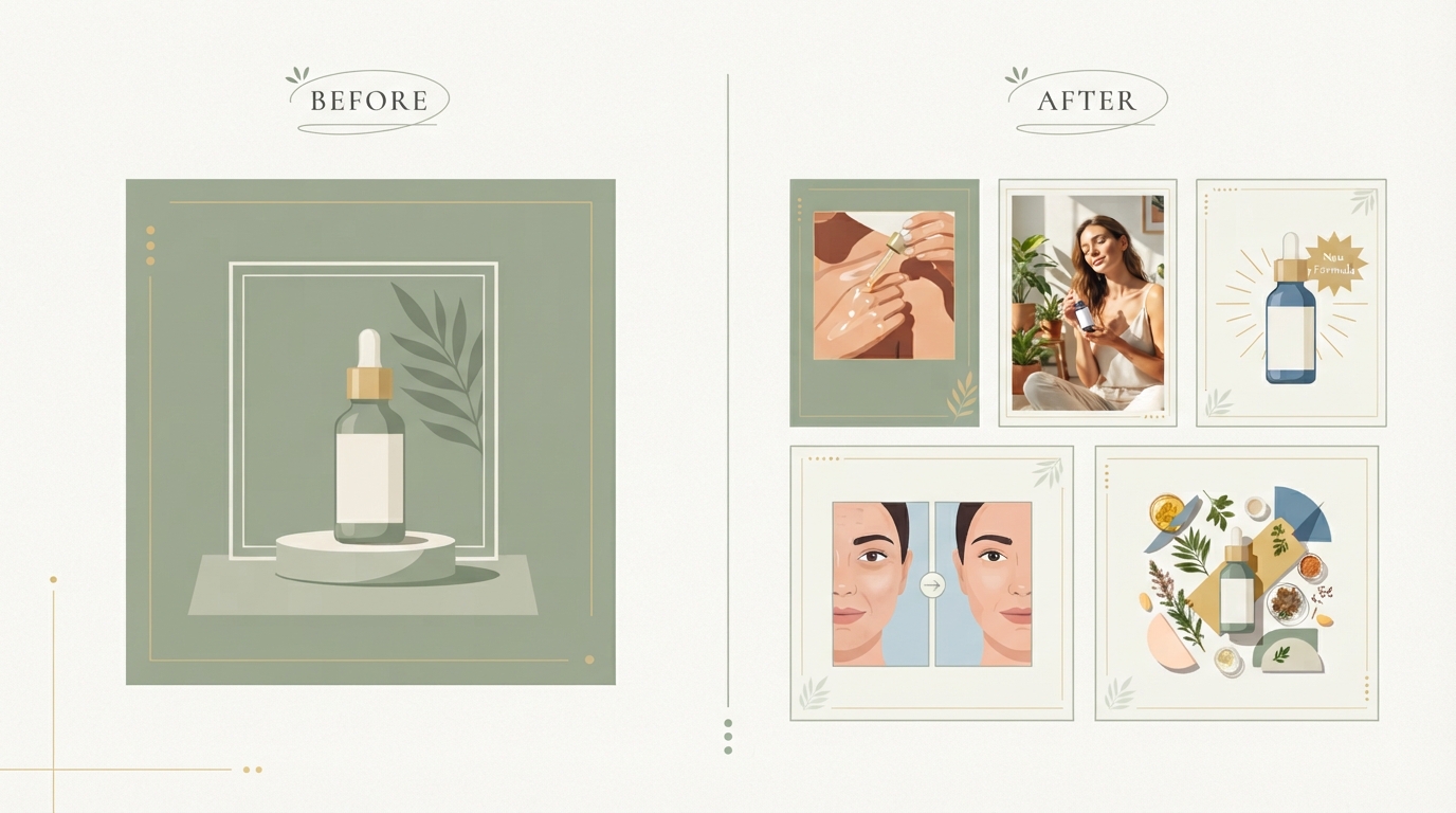 before and after comparison split screen - left side showing a single static product photo ad, right side showing five varied ad thumbnails with different hooks and formats arranged in a grid