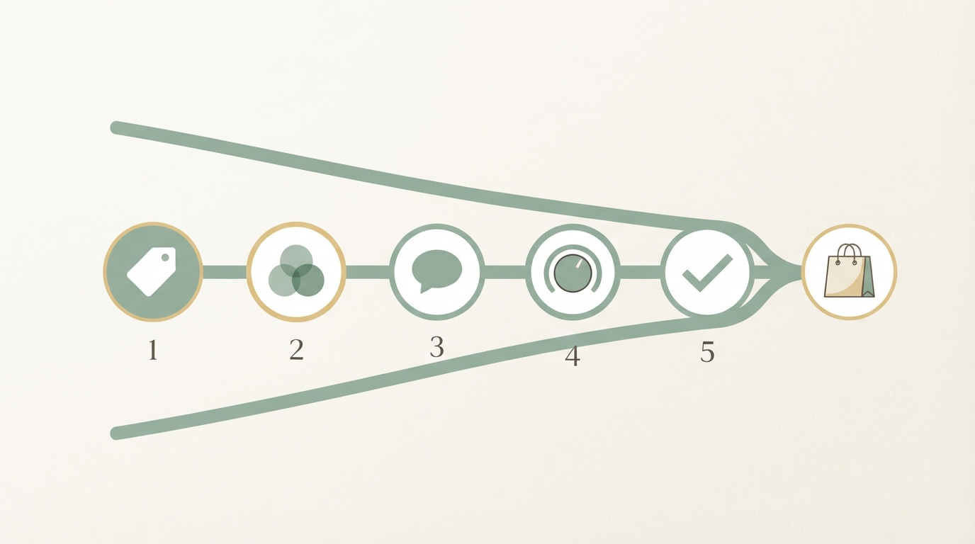 simple funnel diagram with five numbered horizontal steps labeled by icon only – tag icon, three overlapping circles icon, speech bubble icon, dial icon, checkmark icon – flowing left to right into a small shopping bag icon at the end