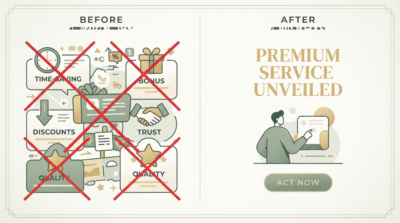 before and after style comparison, left side shows a cluttered ad with five different messages and icons crossed out in red, right side shows one clean ad with a single clear headline and one call to action, side by side