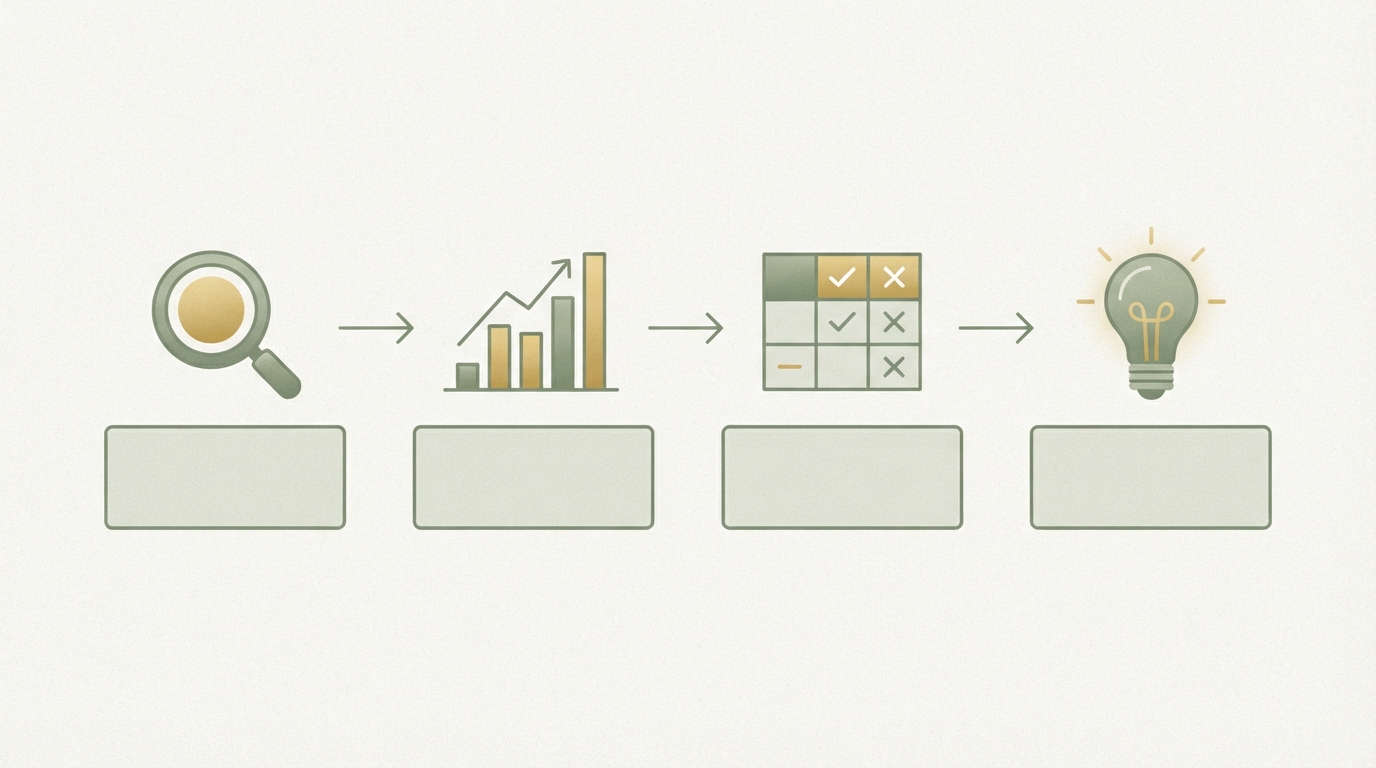 step-flow diagram showing four connected stages left to right: magnifying glass icon labeled search, bar chart icon labeled data, comparison grid icon labeled analysis, lightbulb icon labeled gap