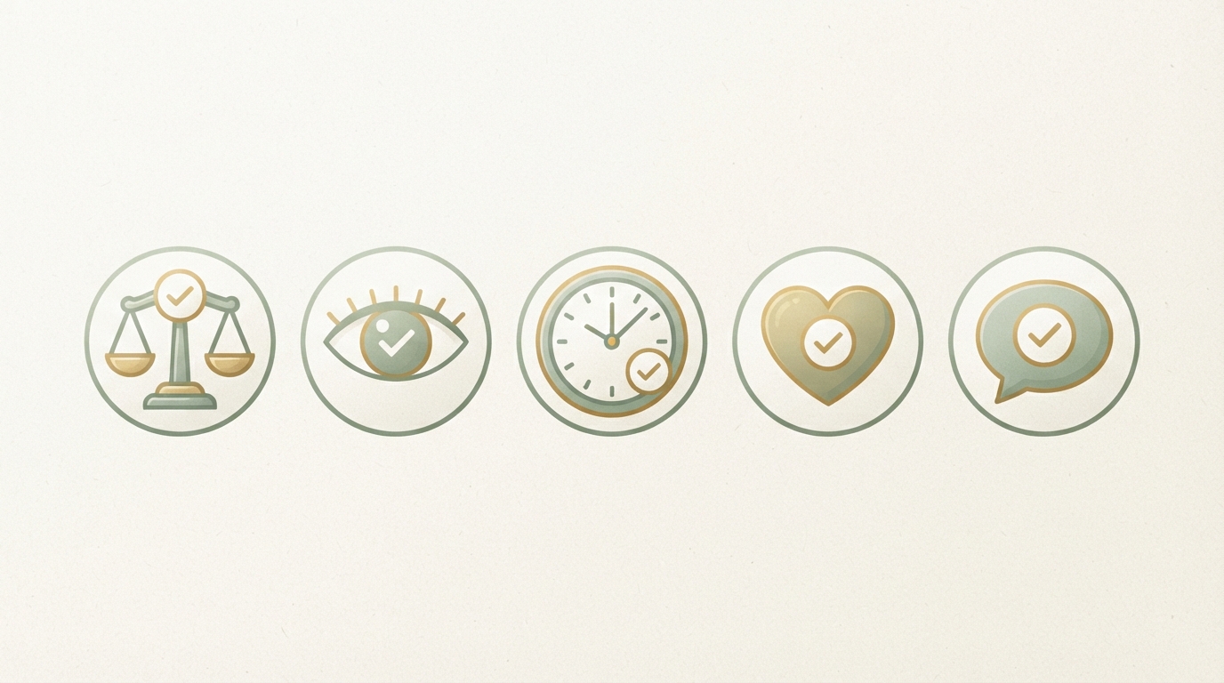 Fünf Kriterien als Checkliste-Icons in einer Reihe, jeweils mit Häkchen-Symbol: Waage für Fairness, Auge für Sichtbarkeit, Uhr für echte Zeit, Herz für Vertrauen, Sprechblase für Passgenauigkeit zur Zielgruppe