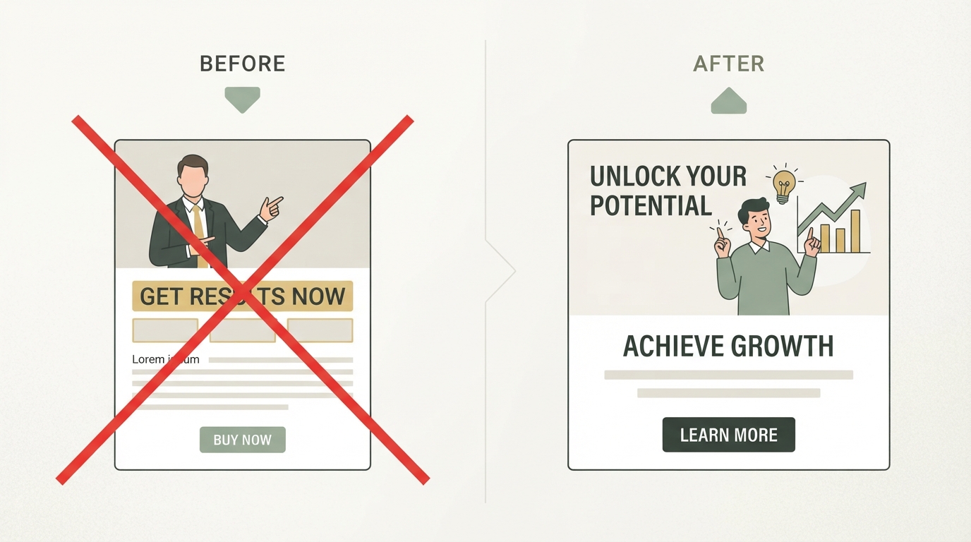 two-column before-after comparison showing a generic copied ad on the left crossed out and a rebuilt ad with a different hook and headline on the right, simple flat icon style