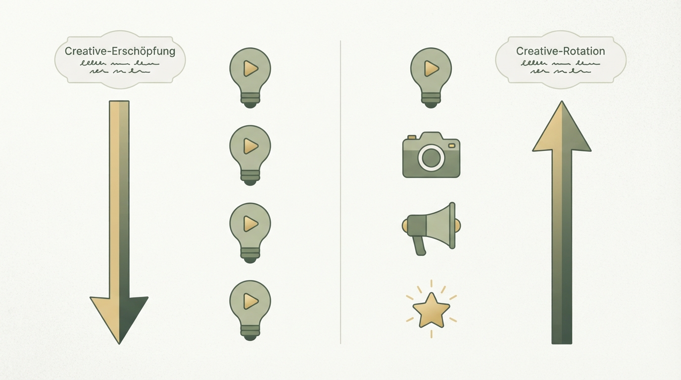 two-column comparison: left column shows single creative ad icon repeated 4 times with downward arrow labeled "Creative-Erschöpfung", right column shows 4 different creative ad icons alternating with upward arrow labeled "Creative-Rotation" — flat icon style, no readable text