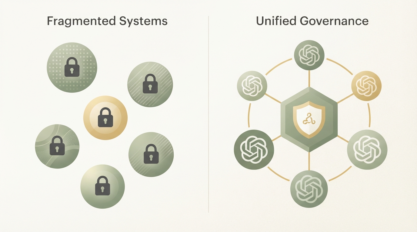 side-by-side comparison diagram, left column icons for five separate disconnected AI chat tools each with a lock symbol showing no oversight, right column one central hub icon connected to multiple AI model icons with a single shield icon labeled control