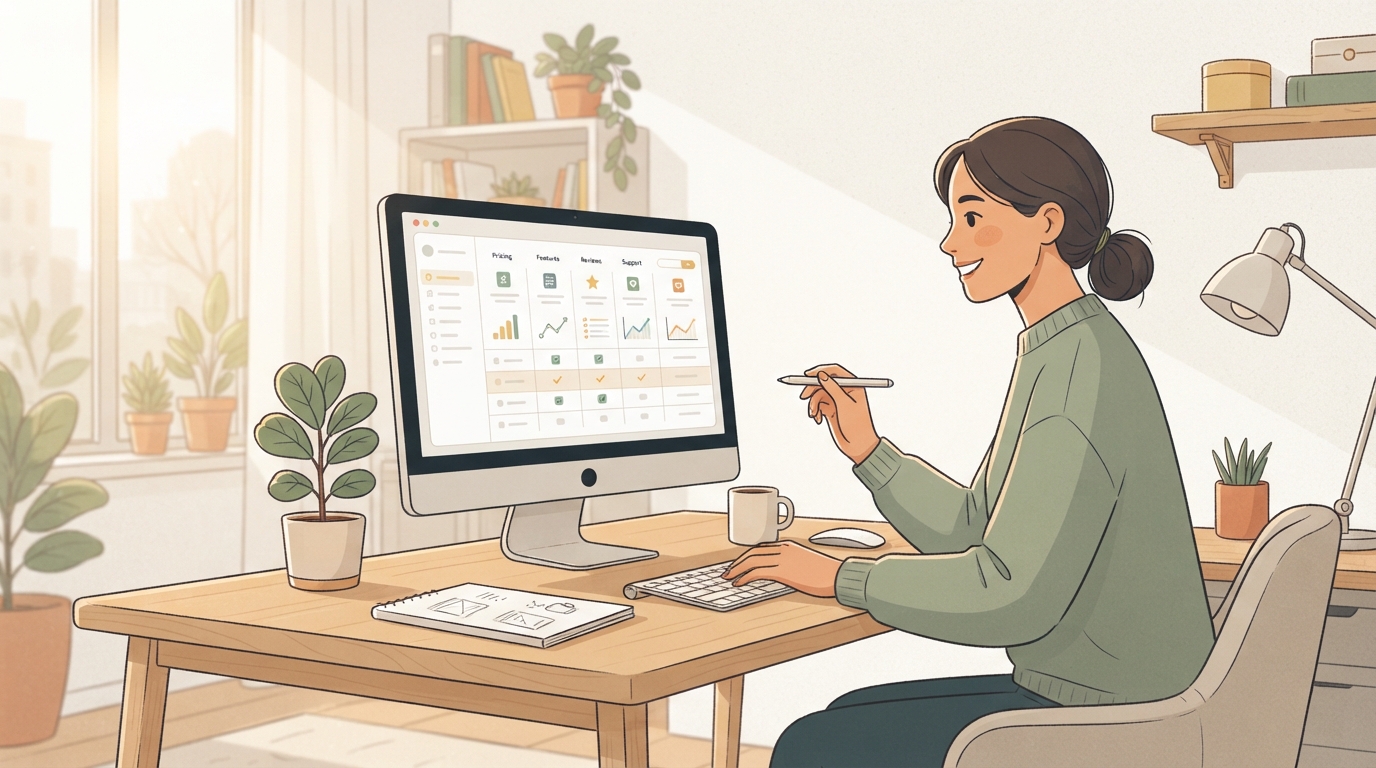 a founder at a desk comparing small software products on a screen, warm morning light