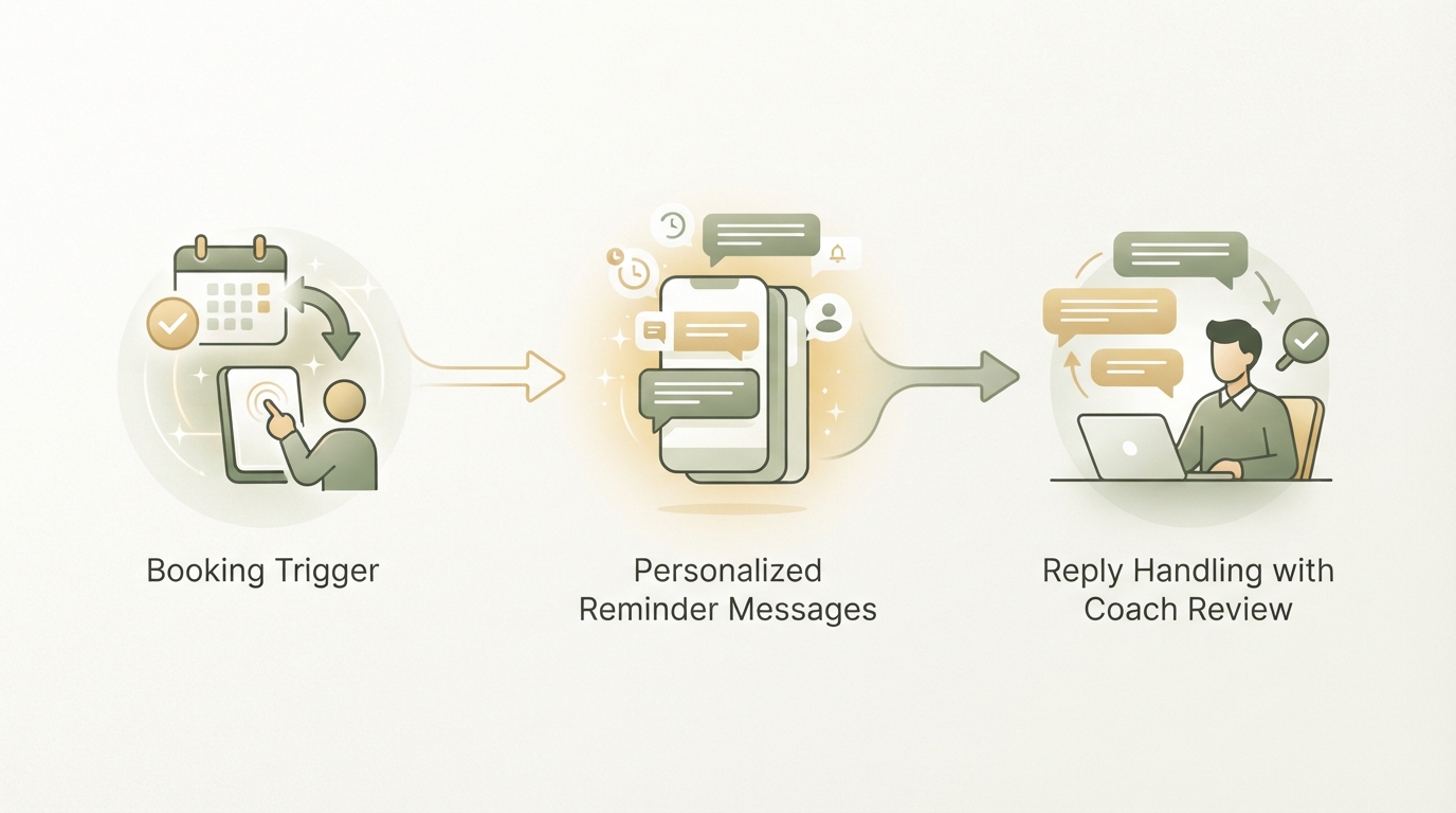 three-stage workflow diagram showing booking trigger, personalized reminder messages, and reply handling with coach review, simple icons, left to right, no readable text
