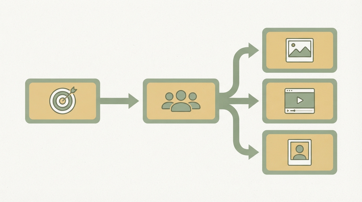 simple three-level campaign structure diagram, top box labeled campaign icon with target symbol, branching to one ad set box with audience icon, branching to three ad boxes with image icons, clean flow left to right