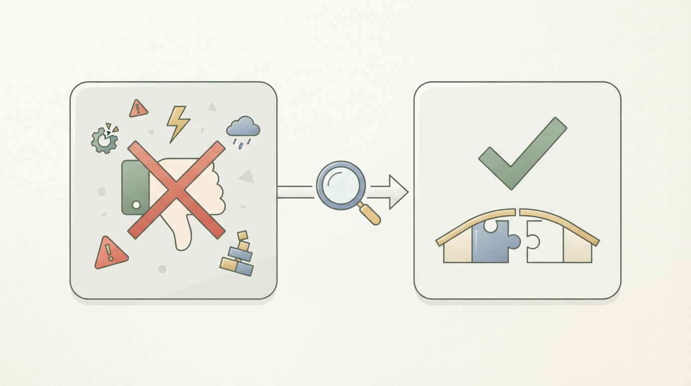 side-by-side comparison of two review cards, left card shows a crossed-out thumbs-down icon with small warning symbols representing common complaints, right card shows a checkmark icon representing a fixed gap, connected by an arrow labeled with a magnifying glass icon