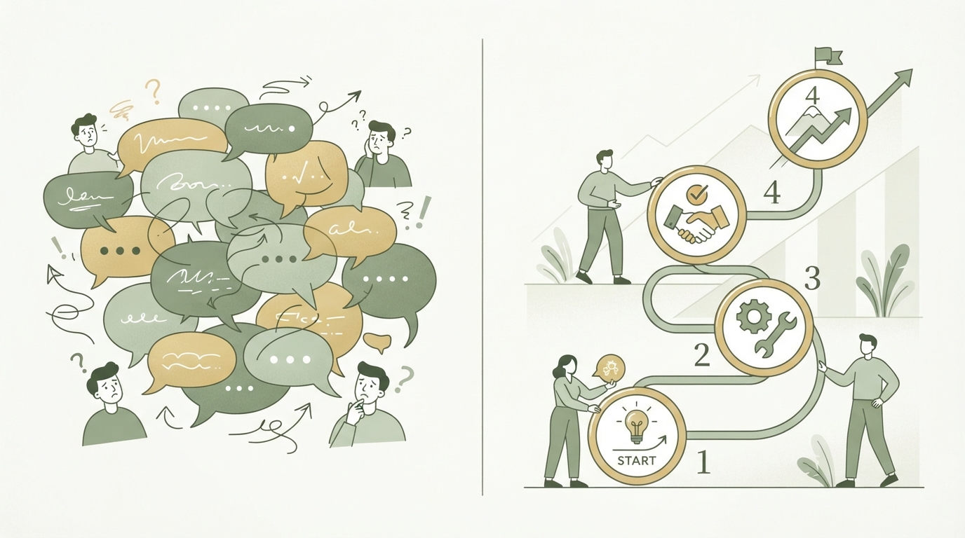 a split-screen comparison showing a cluttered chaotic conversation on the left with overlapping speech bubbles, versus a clean structured four-stage path on the right labeled with numbered stages