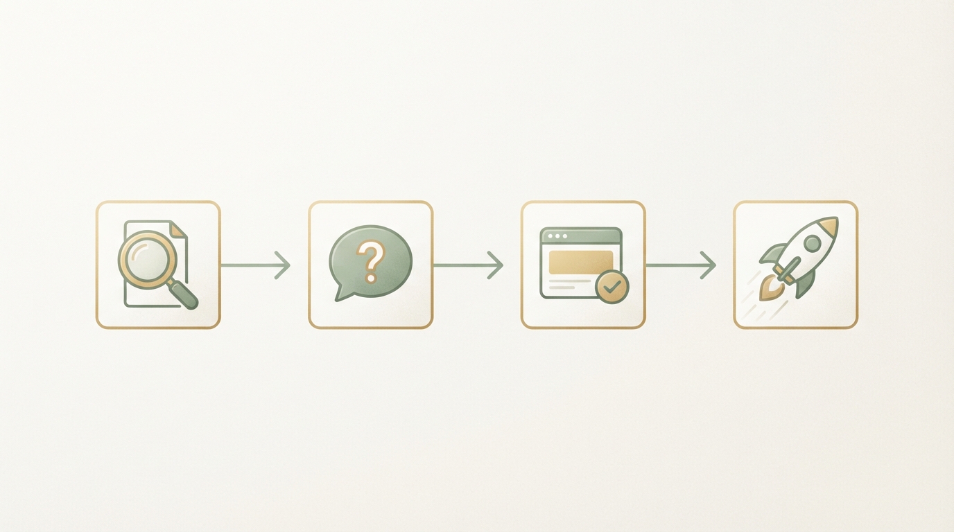 simple four-step horizontal flow diagram with icons only, magnifying glass for research, chat bubble with question mark for interviews, landing page rectangle icon for validation, rocket icon for launch, connected by arrows left to right