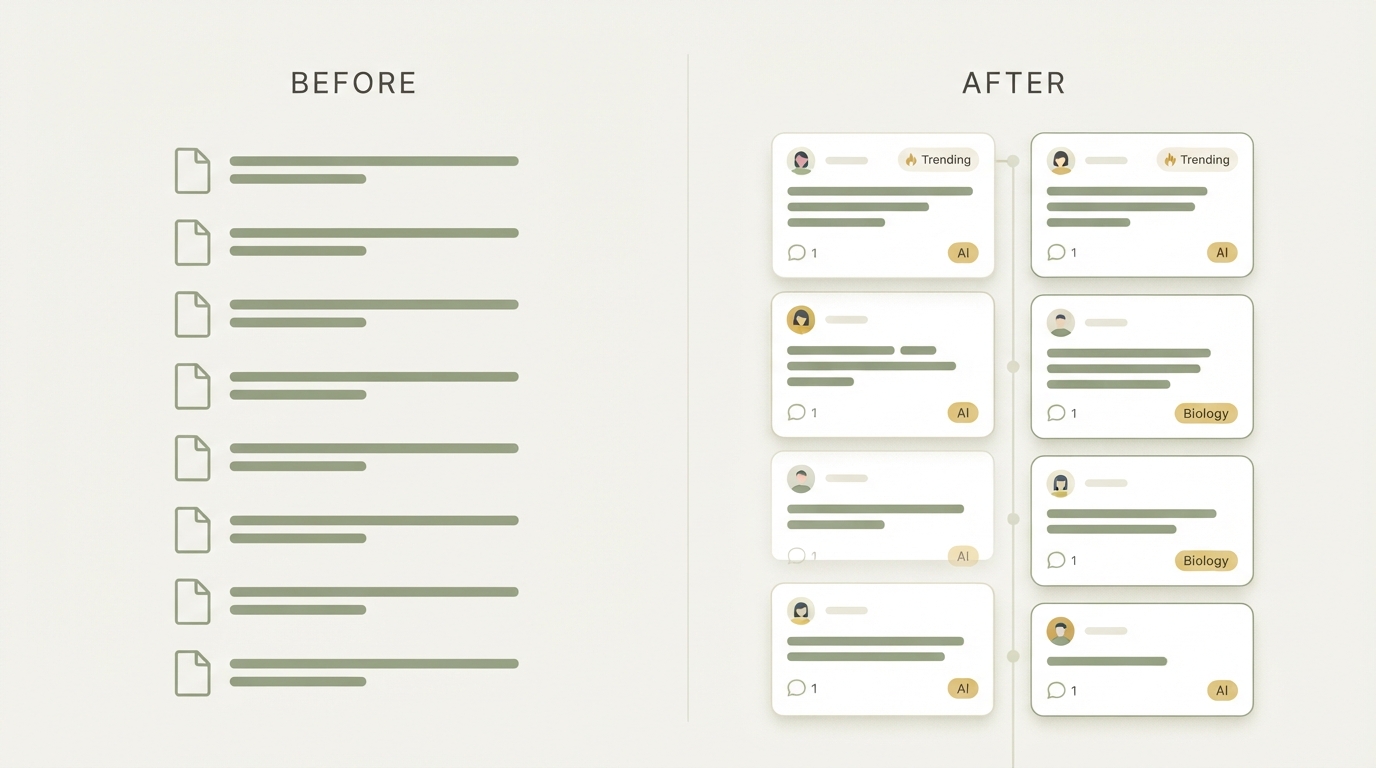 two-column before-after comparison, left shows a plain flat list of research paper titles with a document icon, right shows the same papers organized as a personalized feed with trending badges, author avatars, and discussion bubbles, clean minimal style
