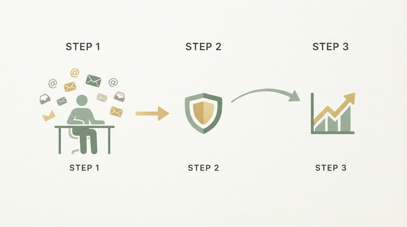 three-step funnel diagram showing icon 1 a person using multiple scattered separate email tool icons, icon 2 an arrow pointing to one consolidated unified tool icon, icon 3 a small growth chart icon representing retained customers, left to right flow, simple flat style, no text