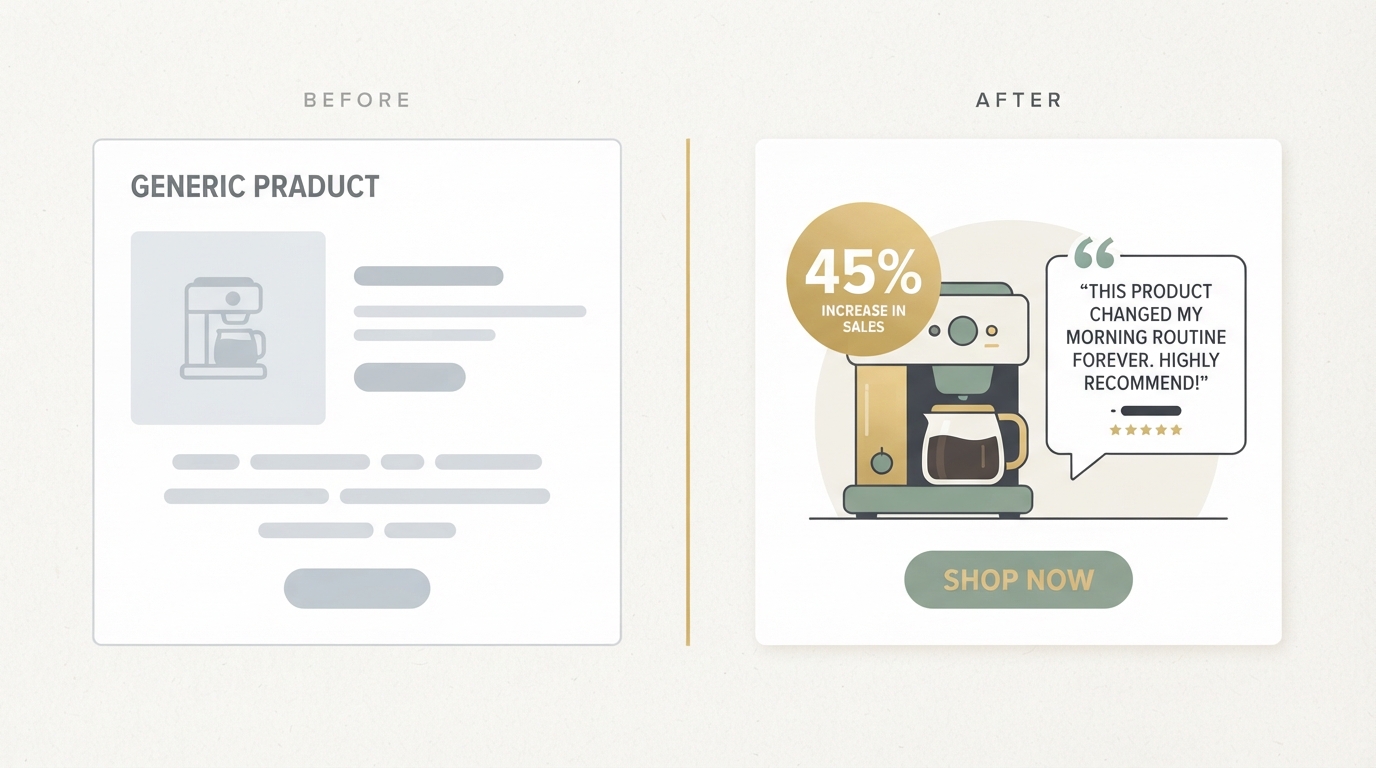 Vorher-Nachher-Vergleich eines Werbetexts, links generisch und austauschbar mit grauem Icon, rechts konkret mit Zahl und Kundenzitat markiert