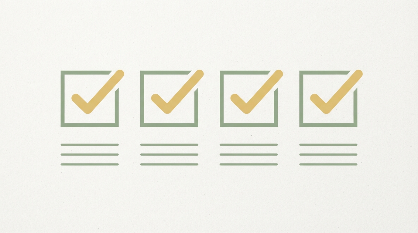 four checkmark icons in a row on a simple checklist, minimal flat style, no text, no people