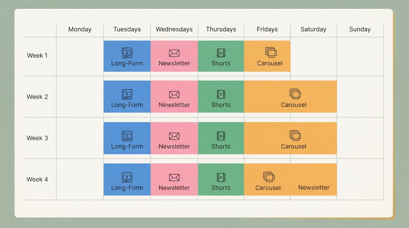 a seven-day weekly planning grid with colorful blocks — Tuesday (blue), Thursday (green), Friday (orange), Wednesday (pink) — each labeled (long-form, Shorts, carousel, newsletter), showing the rhythm across four weeks