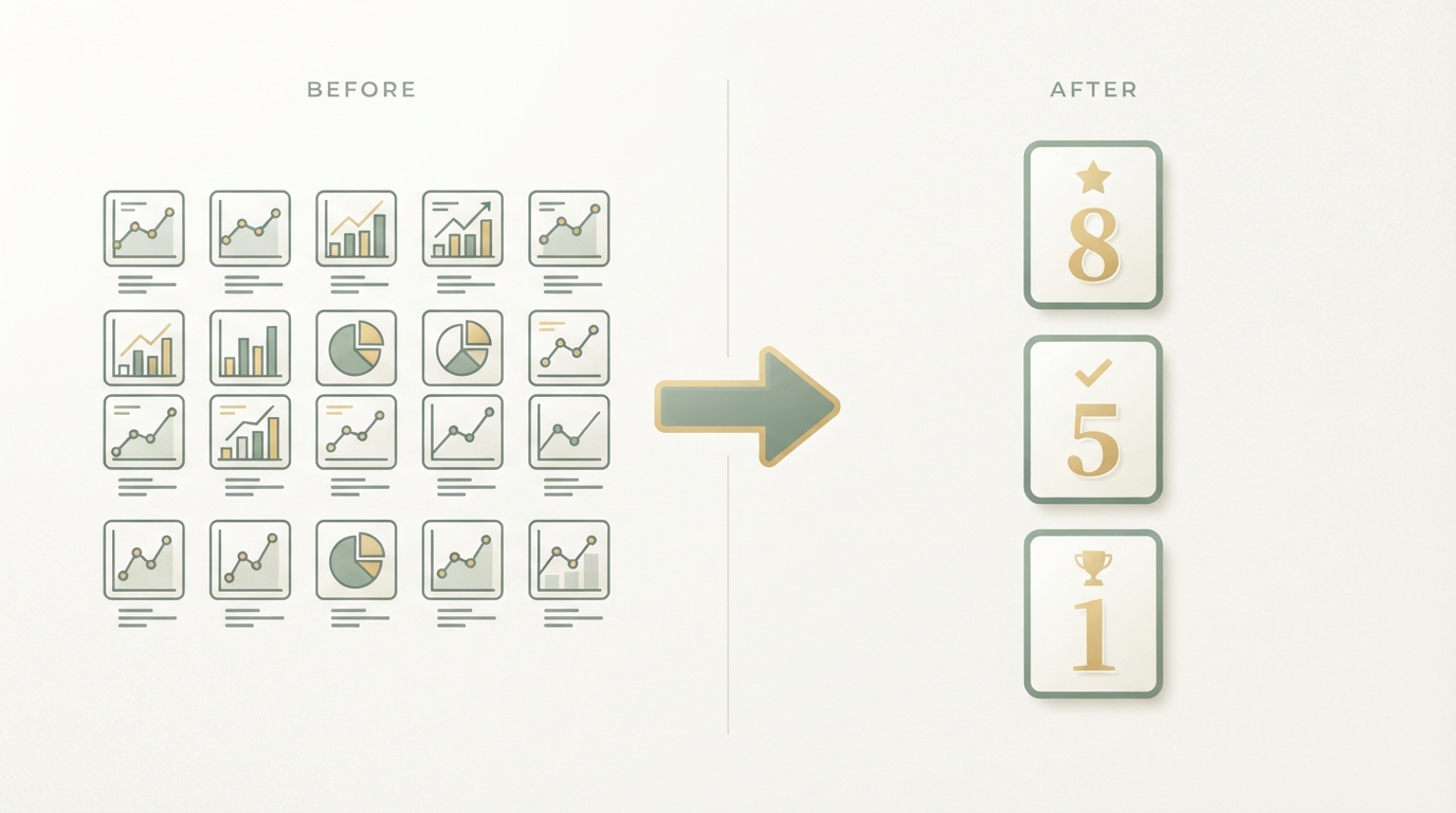 a two-column before-after comparison, left column crowded with fifteen small chart icons in a grid labeled generically, right column showing just three large clean number tiles, arrow pointing from left to right
