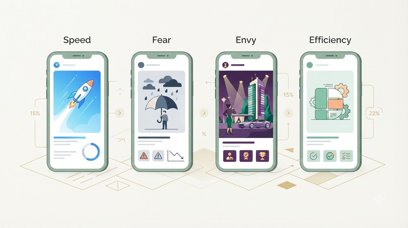 four different phone screens side by side, each showing a different ad variation with different headlines (Speed, Fear, Envy, Efficiency), angle testing visualized