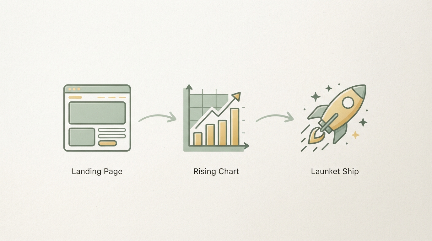 einfacher dreistufiger Flow von Landingpage-Test zu kleinem Ad-Budget zu Skalierung, dargestellt als drei verbundene Icons: Zielseite, Diagramm mit steigendem Balken, Rakete