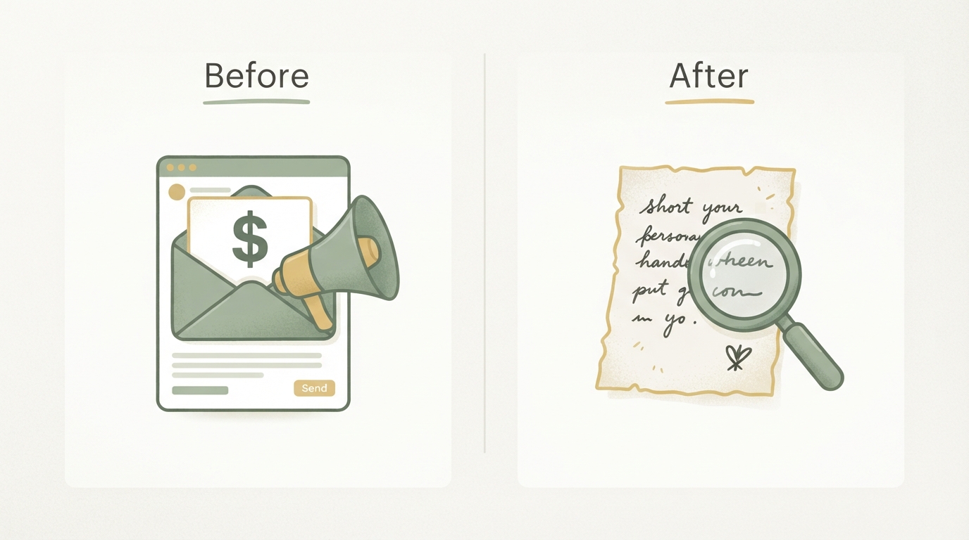two-column before-after comparison — left column headline-style icon shows a generic sales pitch email with a dollar sign and megaphone symbol, right column shows a short handwritten-style note icon with a magnifying glass, no readable text in either