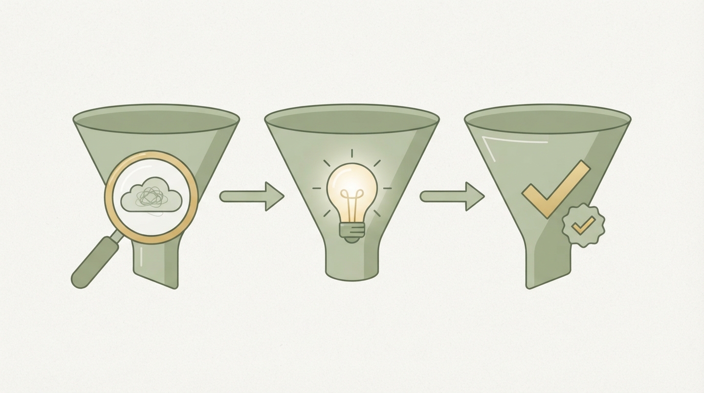 funnel diagram showing three stages left to right, magnifying glass icon labeled with a generic problem cloud, arrow to a lightbulb icon, arrow to a checkmark icon with a small number badge, representing problem to concrete proof