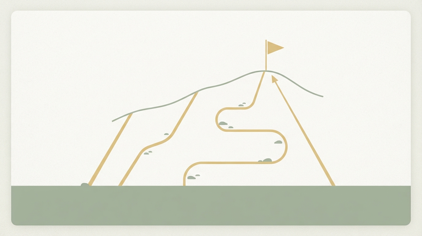 four paths of different length and steepness leading toward a small flag at the top, side by side, minimalist icon style, no text