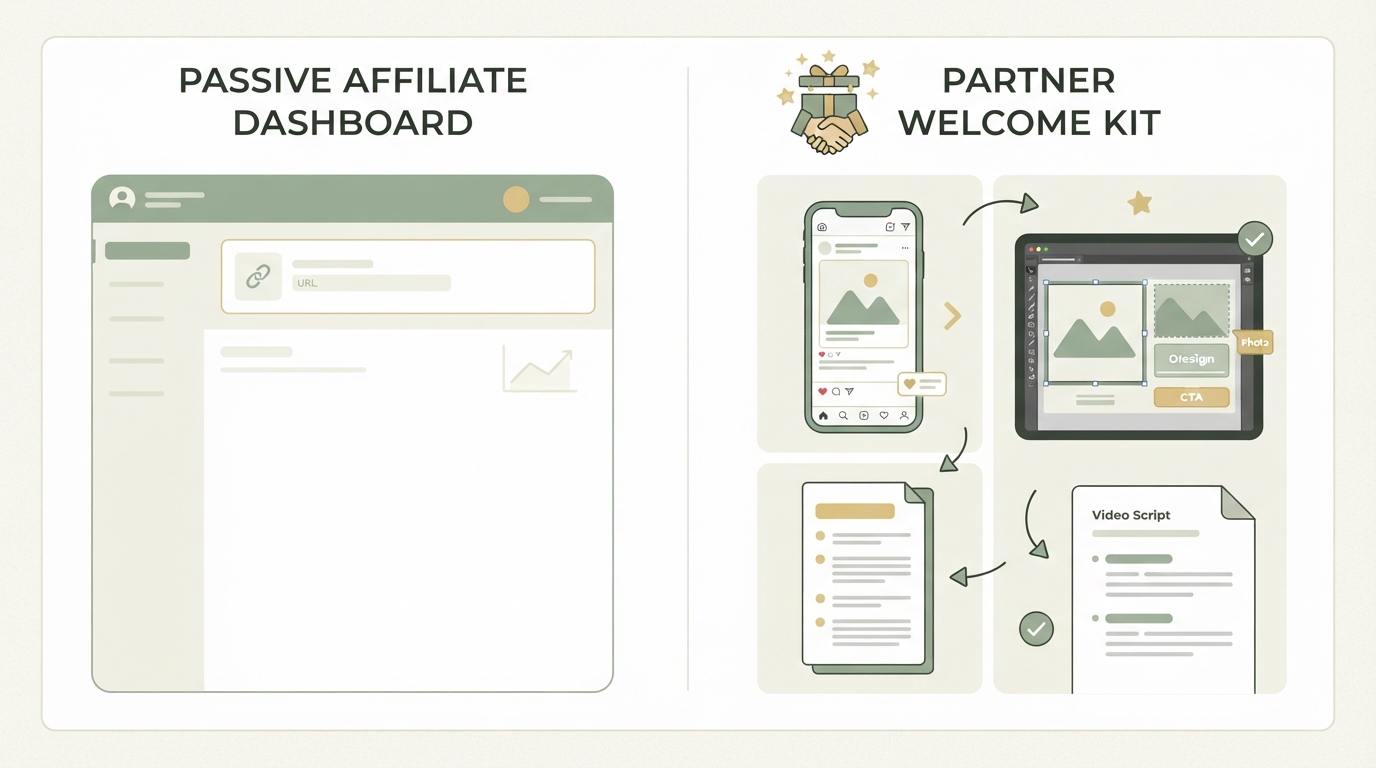 two-column before-and-after comparison, left column shows a passive affiliate dashboard with a single link and no other content, right column shows a partner welcome kit with sample social post, image template, and script, simple flat icon style