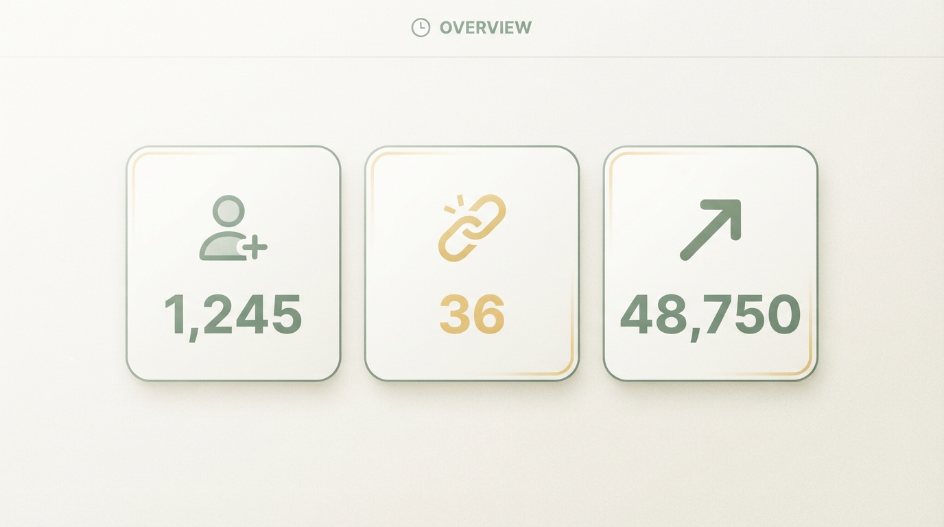 a simple dashboard mockup showing exactly three large number tiles labeled with icons only — a person silhouette for new customers, a broken link for churn, an upward arrow for MRR — clean and minimal, no other charts around them