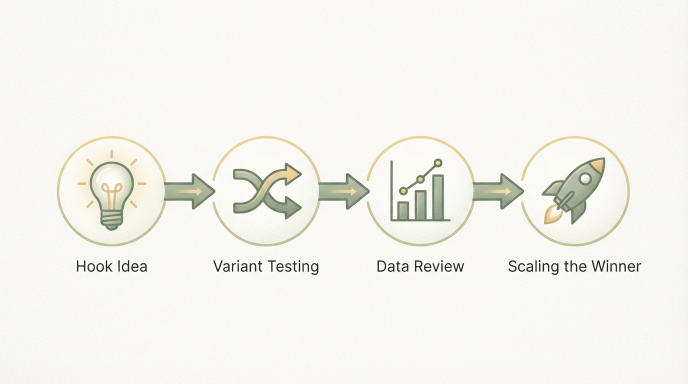 step-flow diagram showing four stages left to right - icon of a lightbulb for hook idea, icon of a split arrow for variant testing, icon of a bar chart for data review, icon of a rocket for scaling the winner