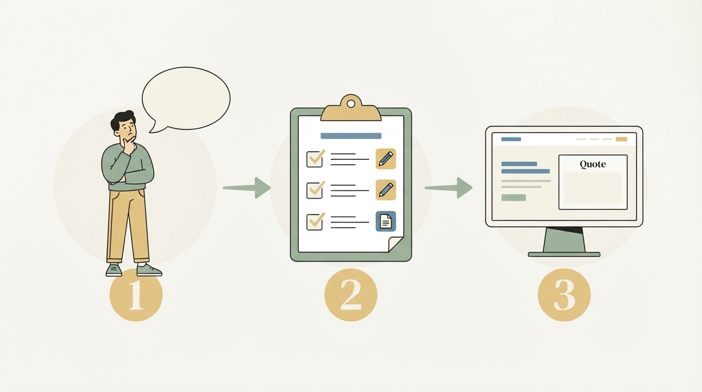 Three steps side by side showing a flow: customer with a speech bubble → clipboard collecting quotes → quote appears in an ad/landing page, numbered 1 2 3