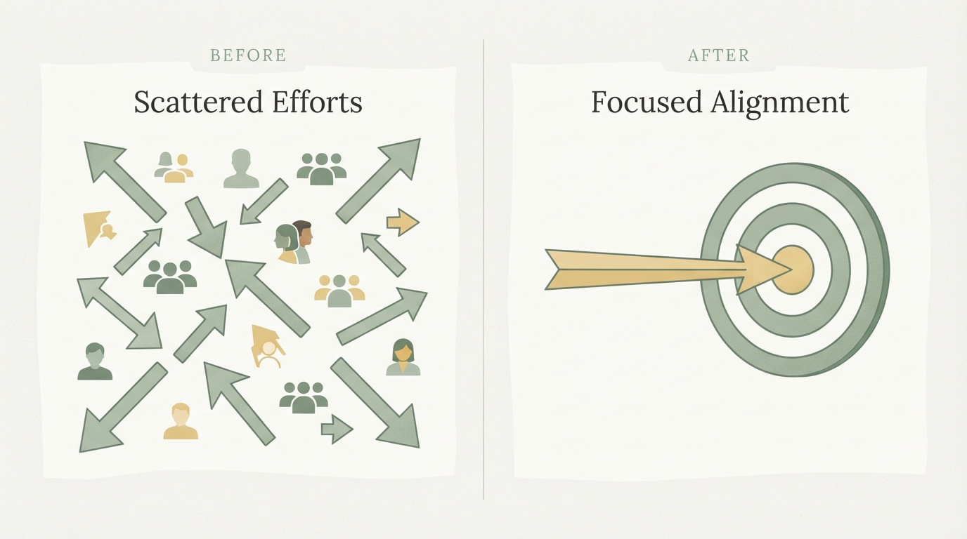 before and after comparison, left side shows scattered arrows pointing in many directions labeled with generic icons of many different people, right side shows a single focused arrow hitting one bullseye target, flat two-tone illustration