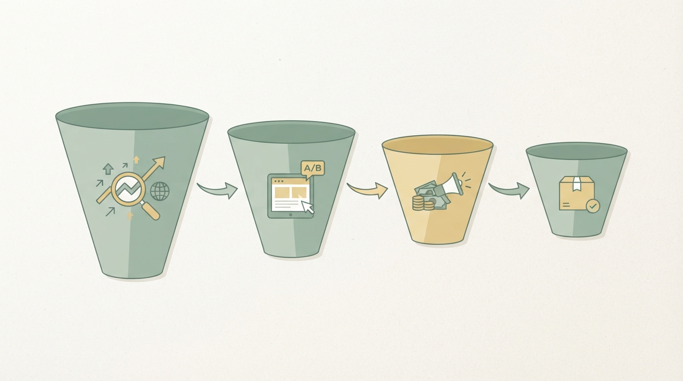 simple four-stage funnel diagram showing trend research, small landing page test, limited ad budget, small first order, arrows connecting each stage left to right