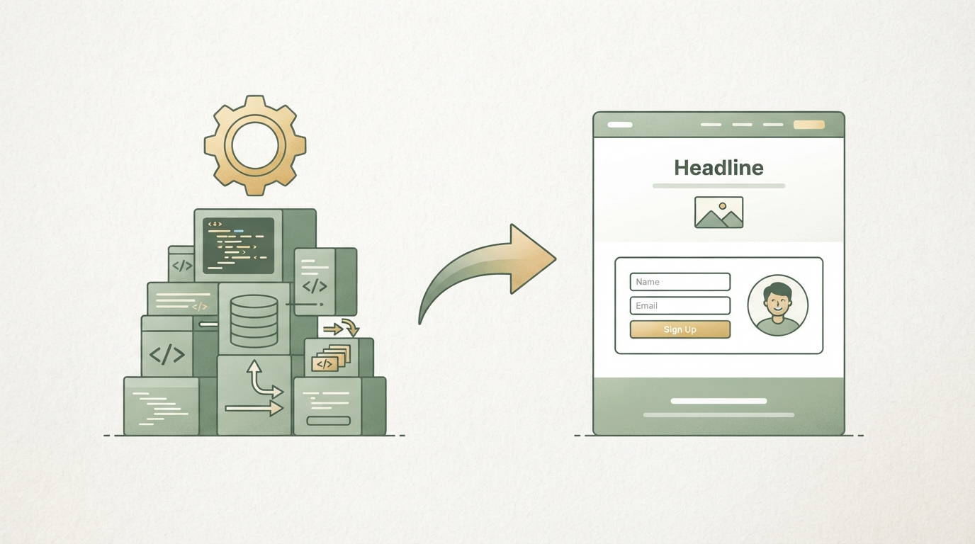 a simple two-column before-after diagram, left side labeled with a gear icon and stacked boxes representing complex backend code, right side showing a landing page mockup with a signup form and a person icon, connecting arrow between them