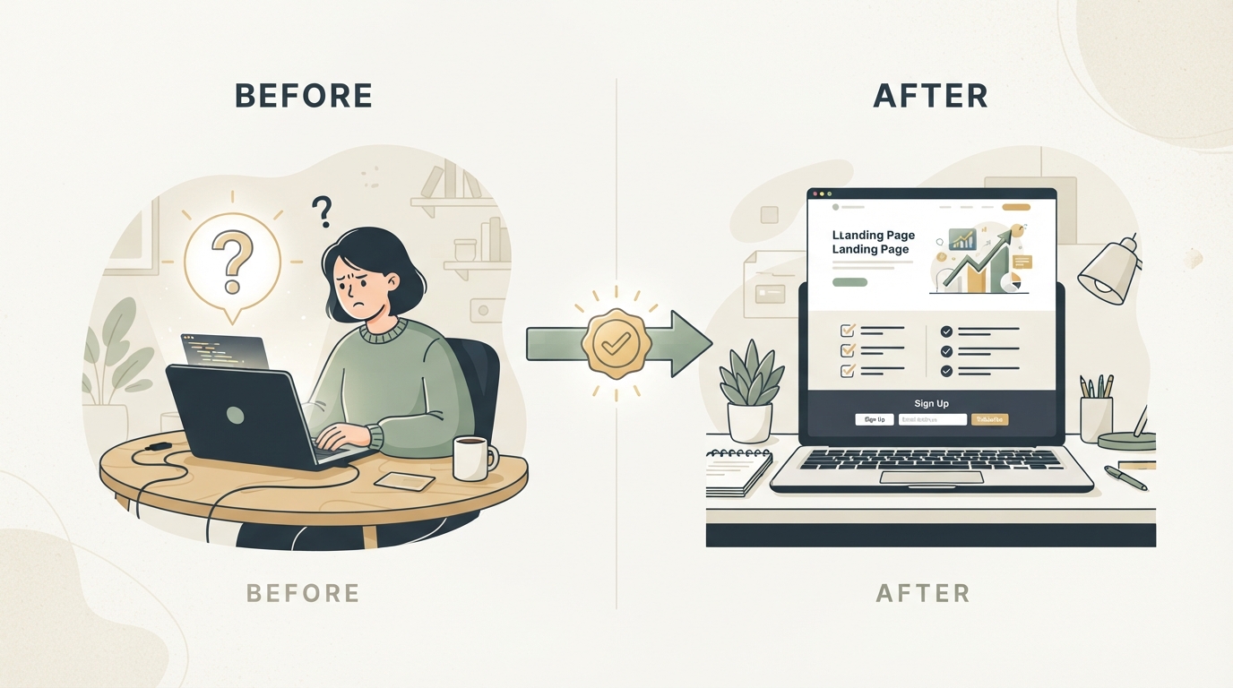 a simple two-column before/after comparison, left side showing a person coding alone at a desk with a question mark above the screen, right side showing a landing page mockup with a checklist and email signup, connected by an arrow labeled with a small validation icon