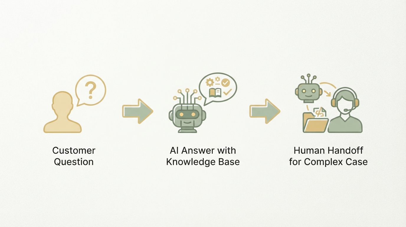 three-stage SaaS AI support flow shown left to right as simple icons: customer question, AI answer with knowledge base, human handoff for complex case; arrows connect the stages, no readable text