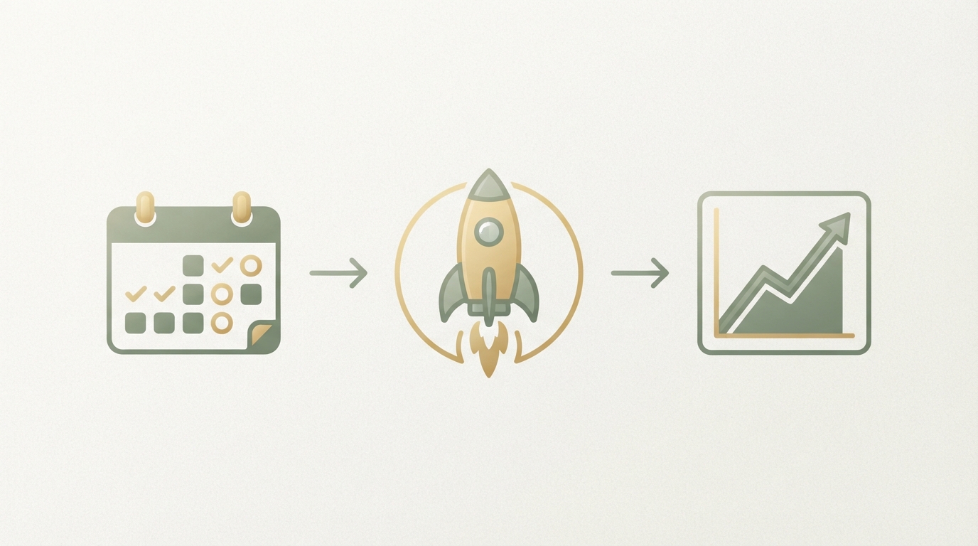 three connected stages shown as icons left to right: a calendar with checkmarks, a rocket launching, a graph trending upward — representing preparation phase, launch day, follow-up phase