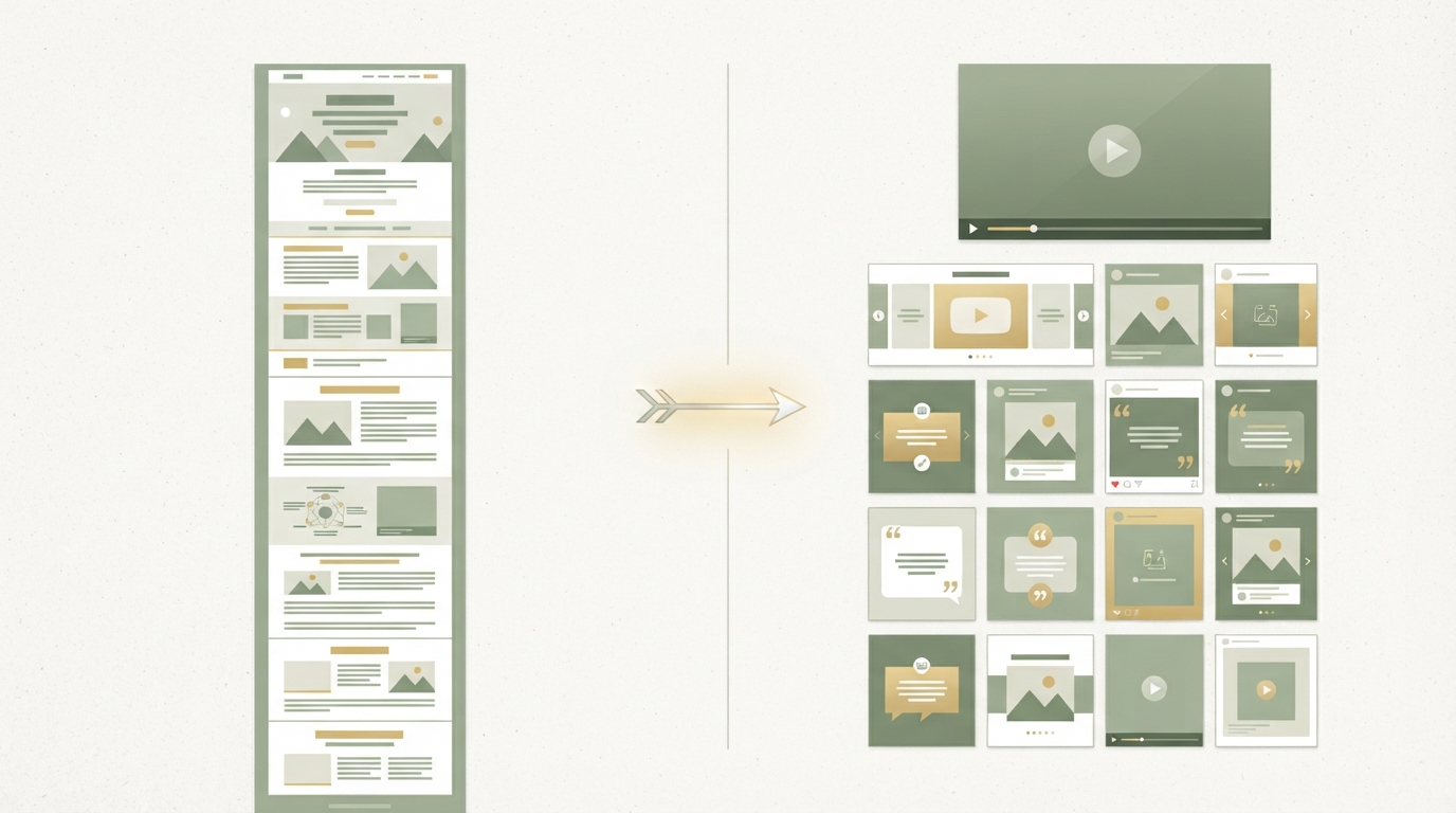 before and after split screen showing a single long article on the left transforming into a grid of ten small social post thumbnails and a short video clip on the right