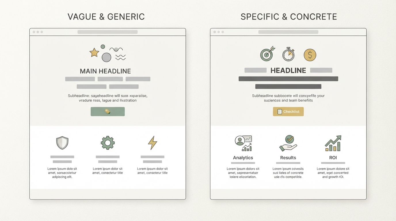 side-by-side comparison of two landing page headlines, one vague and generic on the left, one specific and concrete on the right, shown as simple wireframe mockups with icons instead of readable text