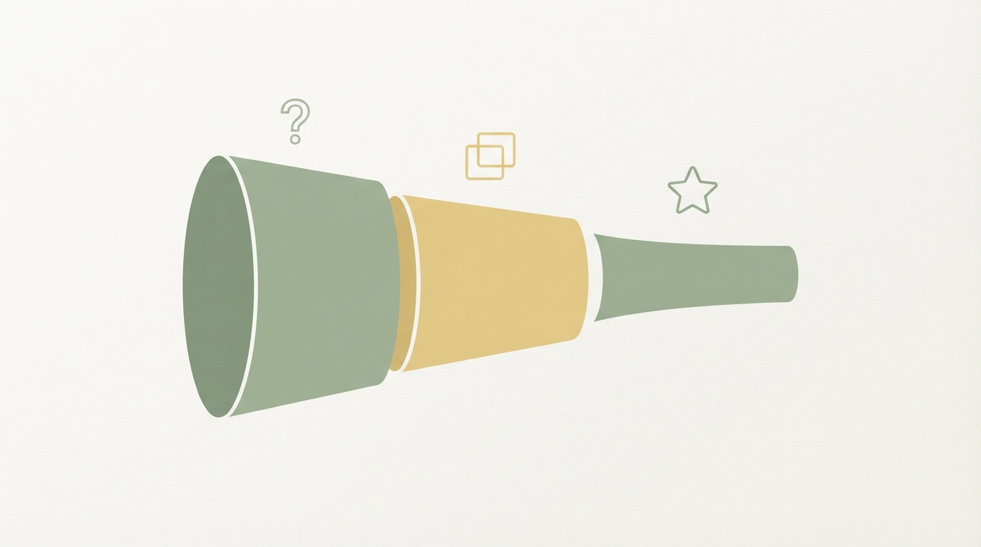 a simple funnel diagram showing three labeled stages left to right: problem search, comparison search, brand search, each with a small icon (question mark, two overlapping boxes, a star)
