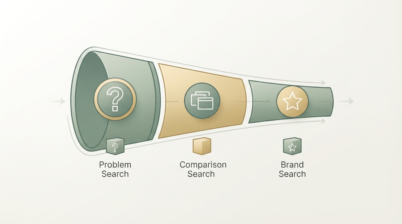 a simple funnel diagram showing three labeled stages left to right: problem search, comparison search, brand search, each with a small icon (question mark, two overlapping boxes, a star)
