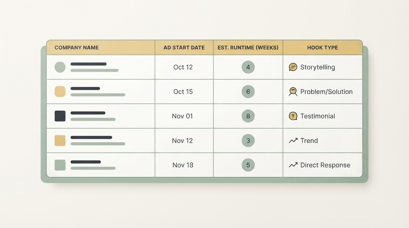 a simple table mockup with columns for company name, ad start date, estimated runtime in weeks, and hook type, five rows visible, clean spreadsheet style