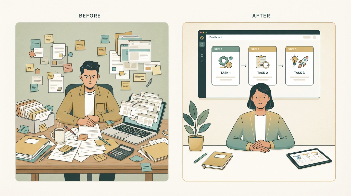 Before and after comparison — left side shows a cluttered manual desk workflow with sticky notes and multiple browser tabs, right side shows a clean single dashboard with three connected process steps