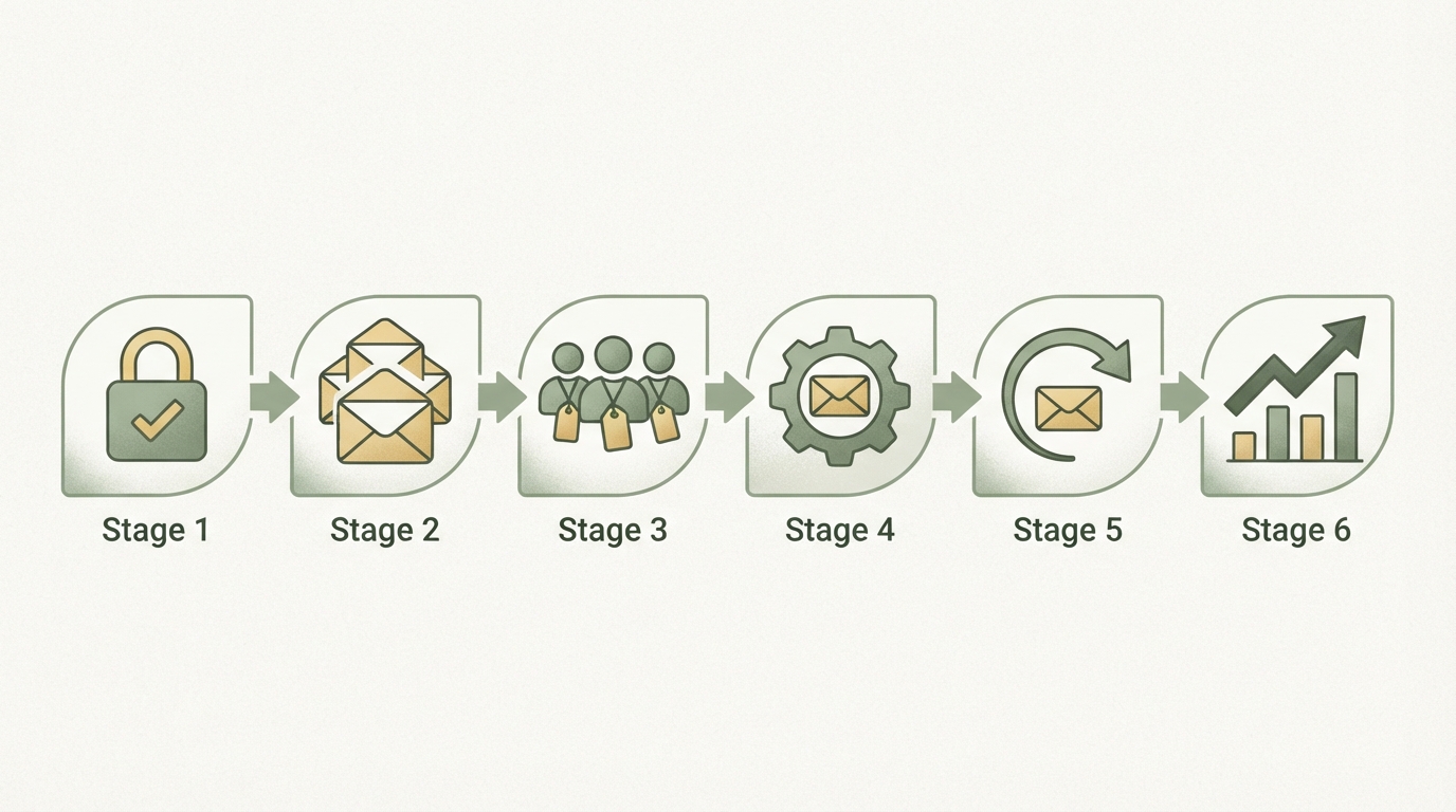 numbered step-flow with six stages shown as icons: lock with checkmark (double opt-in), envelope stack (welcome sequence), three person icons with tags (segmentation), gear with envelope (automation), curved arrow back to envelope (reactivation), bar chart with upward trend (measurement), left to right, connected by arrows