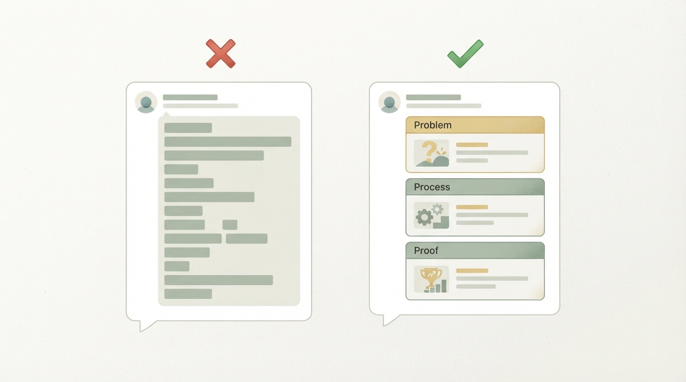 side-by-side comparison of two LinkedIn message bubbles, left labeled with a red X showing a generic sales pitch structure as blocks, right labeled with a green check showing problem-process-proof structure as three stacked blocks, minimal flat icon style, no readable text