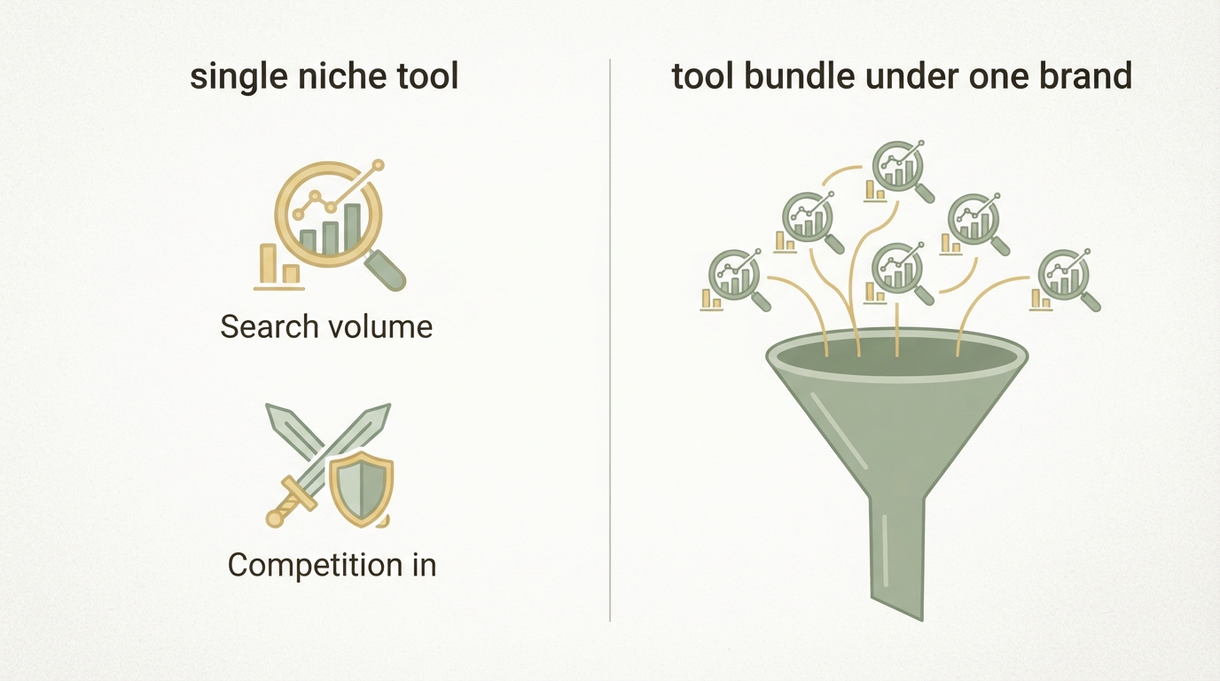 two columns side by side, left "single niche tool" with a search-volume icon and a competition icon, right "tool bundle under one brand" with several connected search-volume icons feeding into a shared funnel