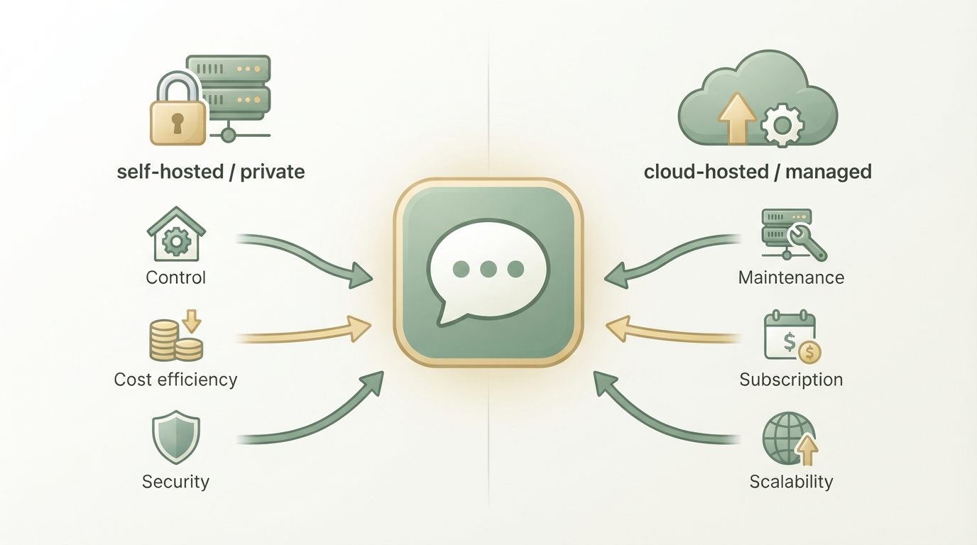 two-column comparison diagram, left column labeled with a lock icon and server icon showing "self-hosted / private", right column labeled with a cloud icon showing "cloud-hosted / managed", both columns connecting to a single central chatbot icon